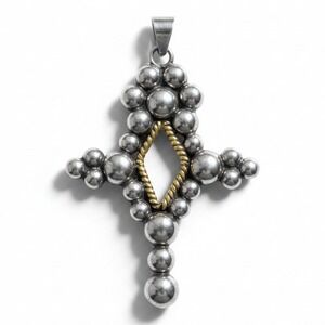 Mexico Pendant 925 Sterling Silver Large Silver Gold Tone Beaded Cross